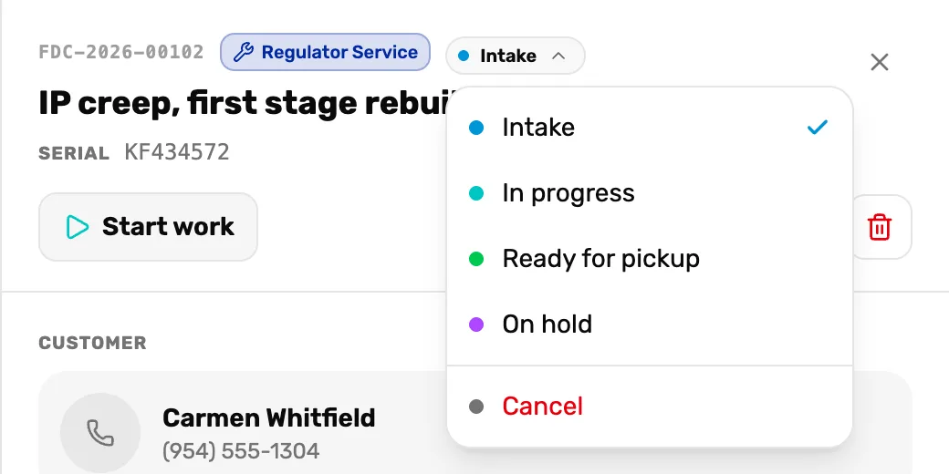 The status menu open on an Intake ticket: Intake ticked, In progress, Ready for pickup, On hold, and Cancel in red