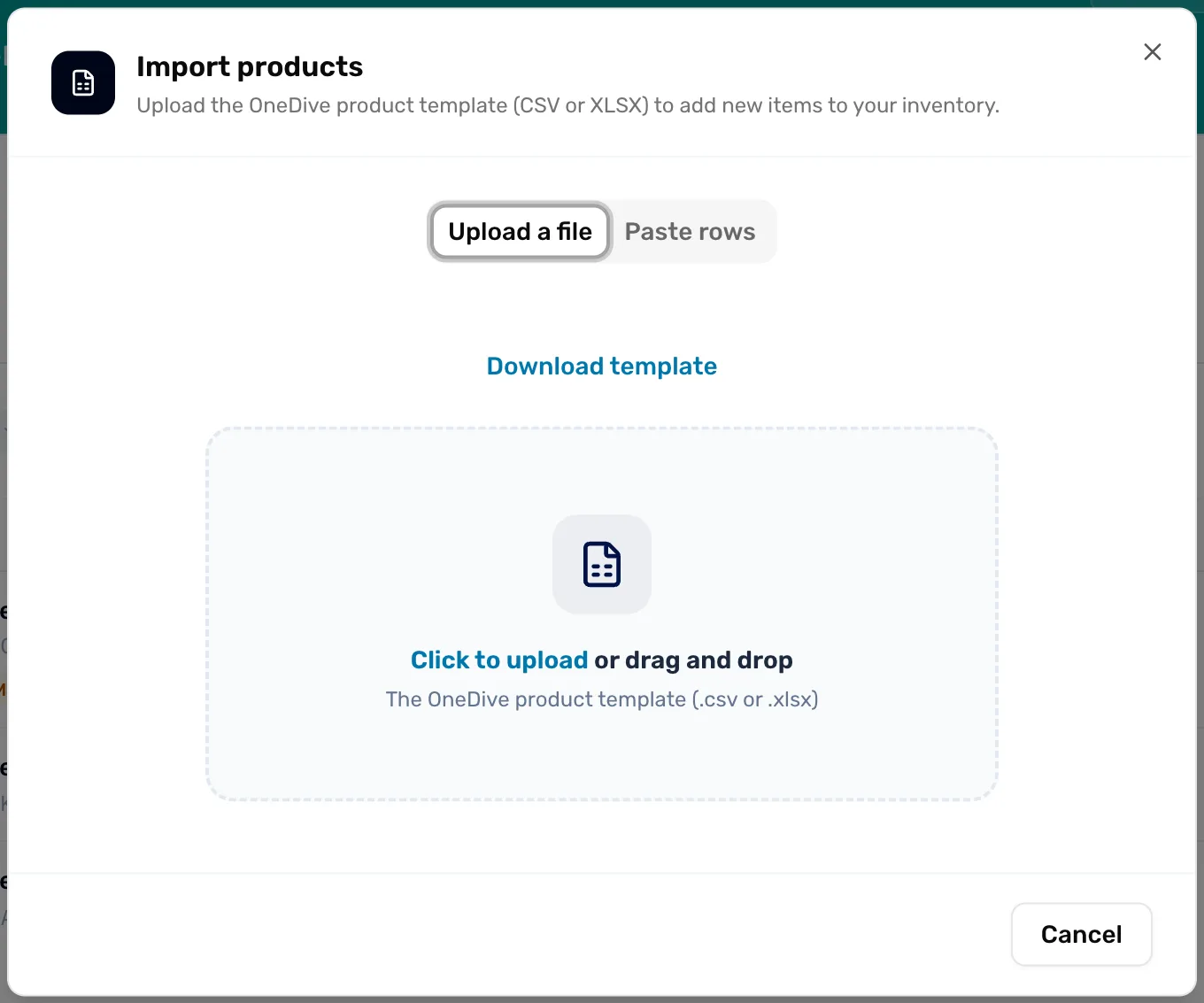 The Import products window: Upload a file and Paste rows tabs, a Download template link, and a box reading Click to upload or drag and drop