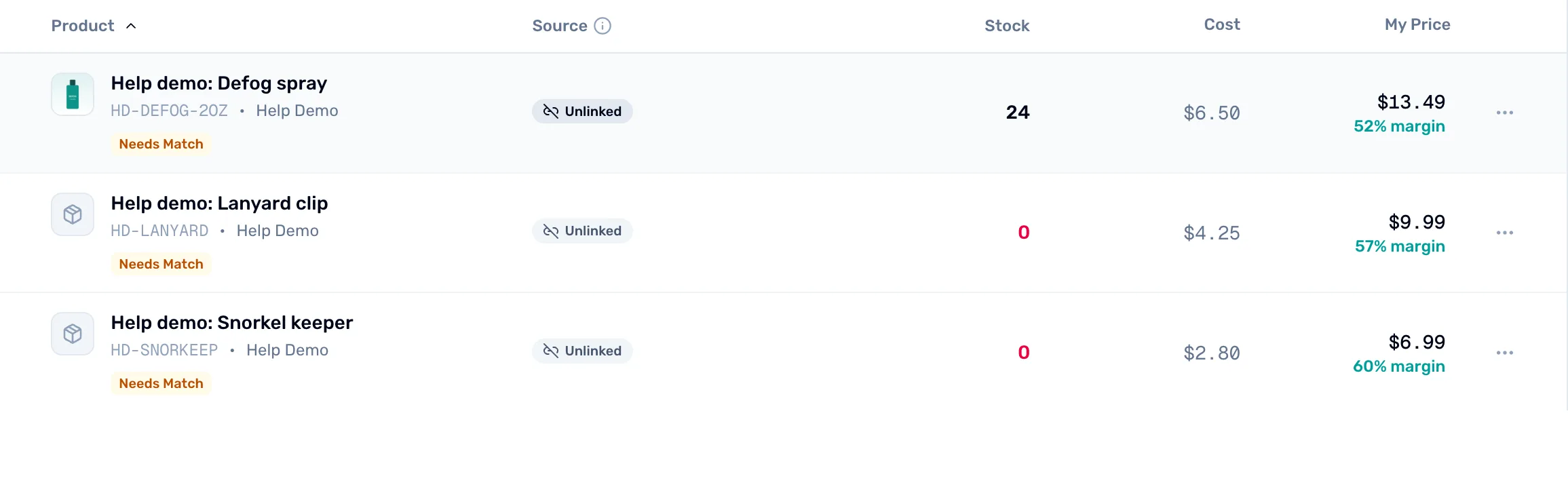 My Inventory after the import: Help demo: Defog spray updated to My Price $13.49 with stock 24, and two new products, Lanyard clip at $9.99 and Snorkel keeper at $6.99, each with stock 0 in red and a Needs Match tag