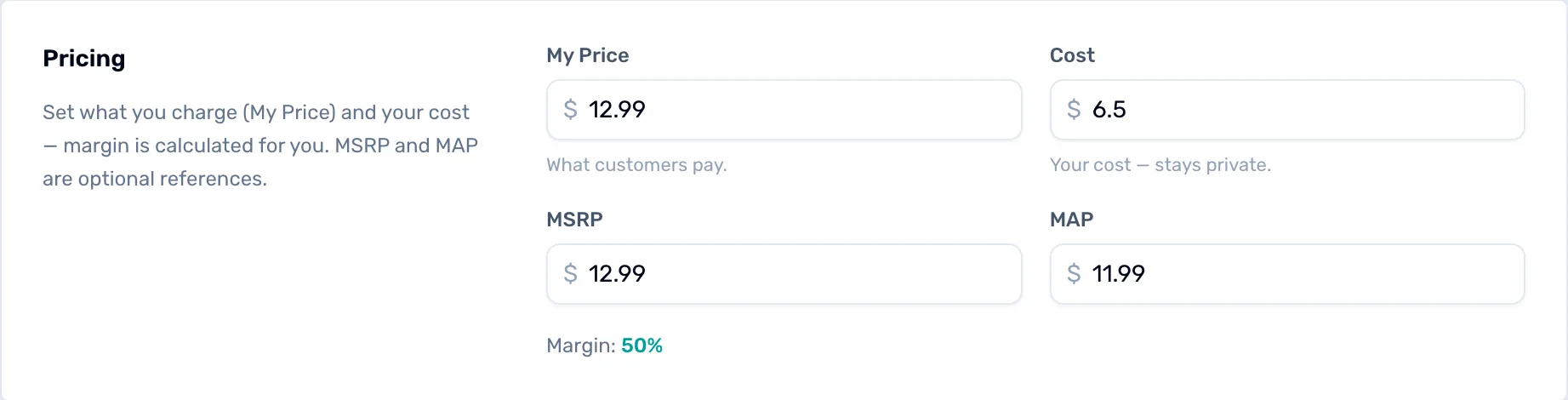 The Pricing panel: My Price 12.99, Cost 6.5, MSRP 12.99, MAP 11.99 and Margin 50%