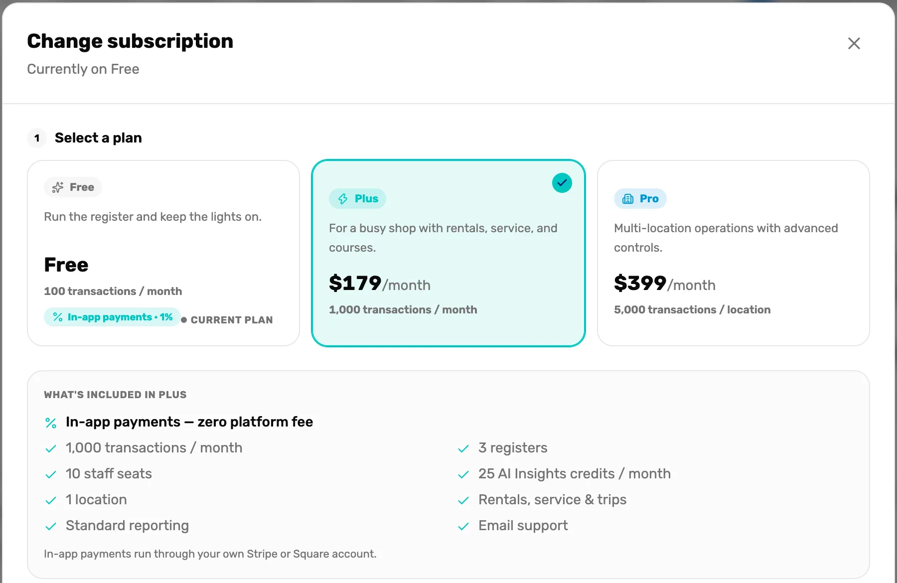 The Change subscription window, Currently on Free. Under 1 Select a plan are three cards, Free, Plus and Pro, each with its price. Plus is selected and below it What's included in Plus lists In-app payments zero platform fee and the plan's limits