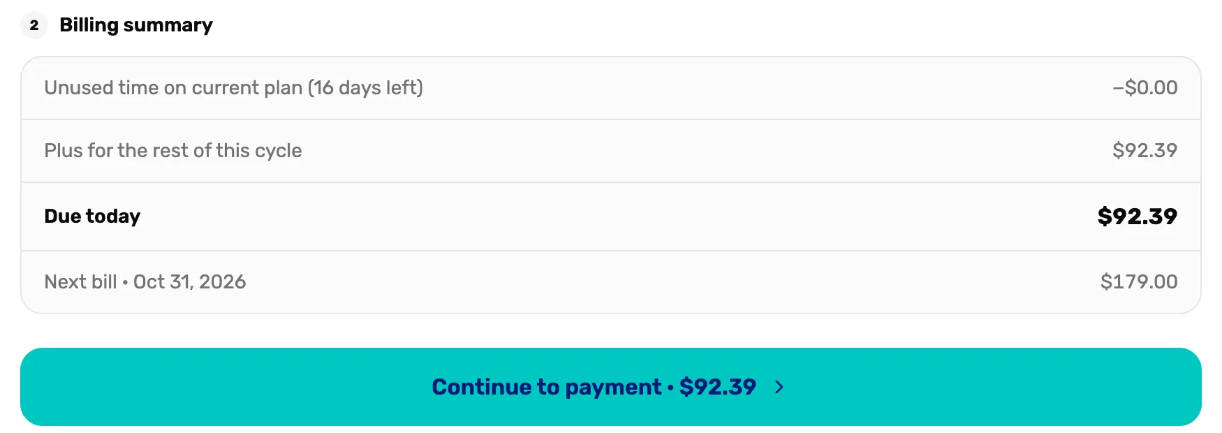 Billing summary: Unused time on current plan, Plus for the rest of this cycle, Due today, and Next bill with its date, above the button Continue to payment