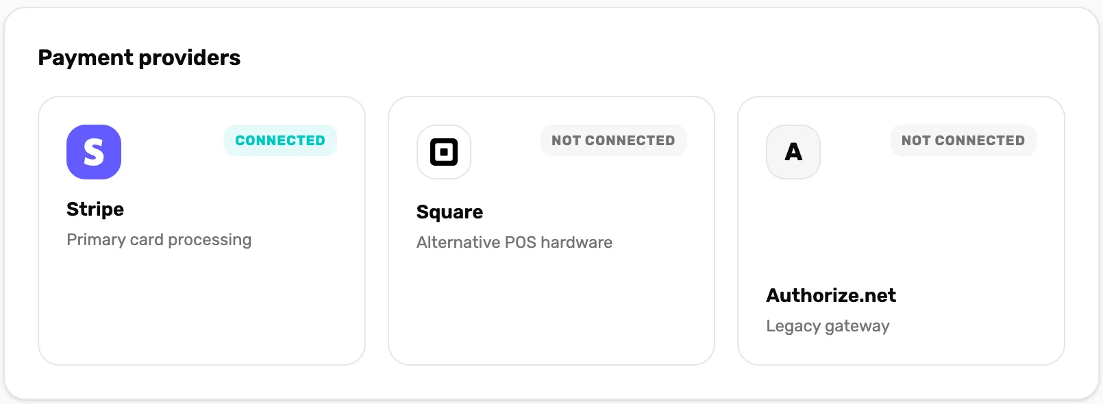 Payment providers after connecting: the Stripe tile reads Connected, Square and Authorize.net still read Not connected