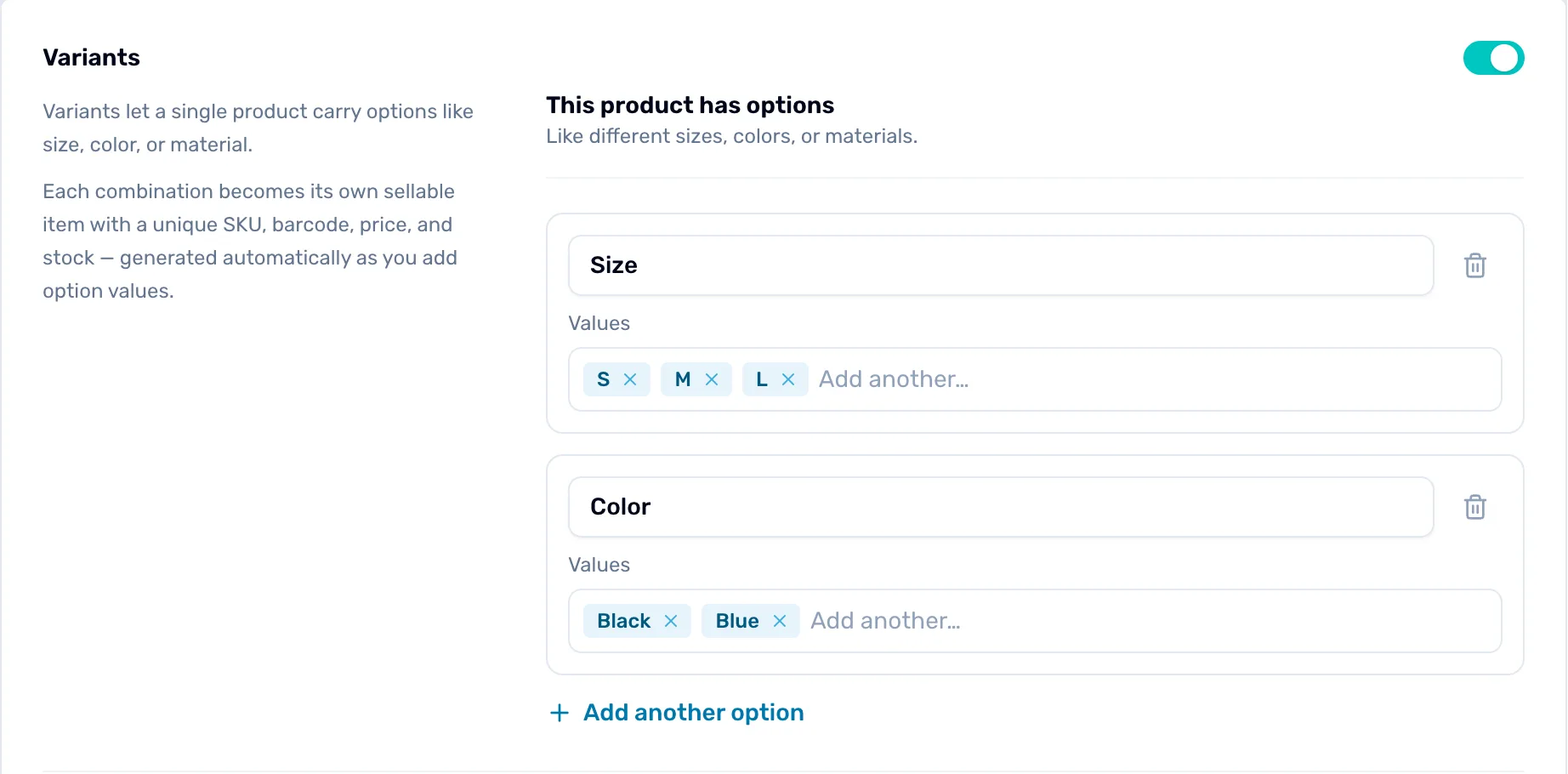 The Variants panel with This product has options turned on, a Size option with values S, M and L, a Color option with values Black and Blue, and Add another option below
