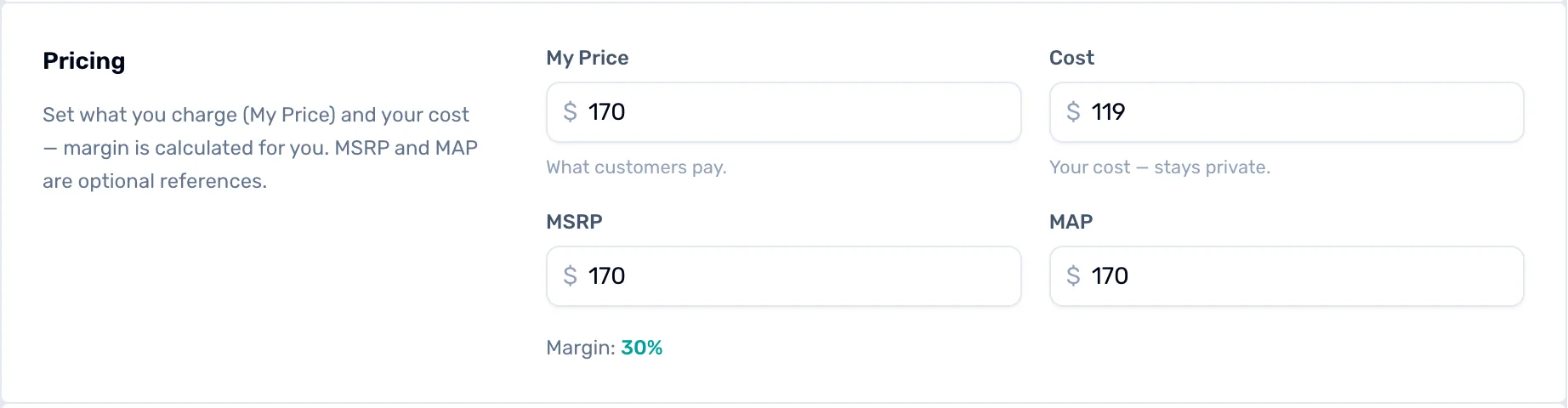The Pricing panel of a product in OneDive B2B: My Price 170, Cost 119, MSRP 170, MAP 170, and Margin 30%