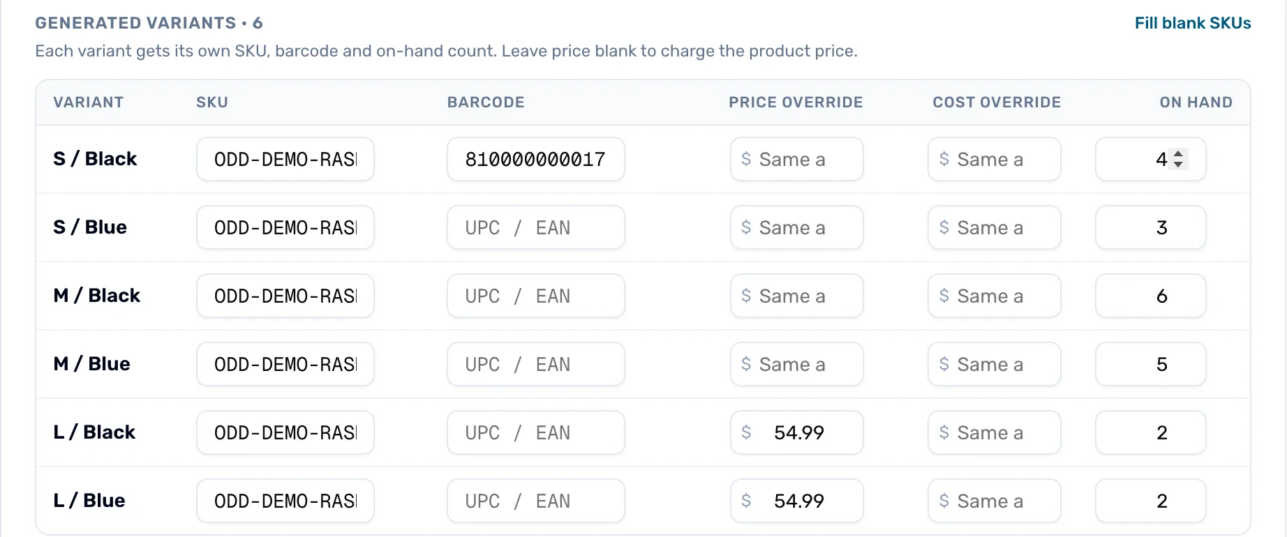 Generated variants, 6: rows S Black to L Blue, each with a SKU, S Black with barcode 810000000017, L Black and L Blue with a price override of 54.99, and on-hand counts 4, 3, 6, 5, 2 and 2