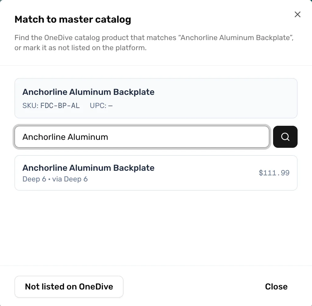 The Match to master catalog window for Anchorline Aluminum Backplate, with SKU FDC-BP-AL, a search for Anchorline Aluminum, and one result from Deep 6 via Deep 6 at $111.99