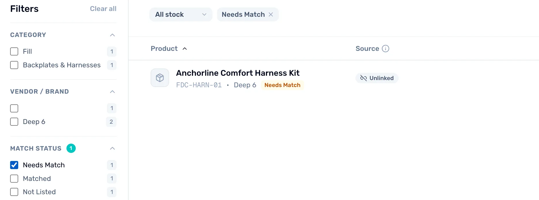 The Match Status filter with Needs Match ticked, one product each under Needs Match, Matched and Not Listed, and the list narrowed to one Needs Match product