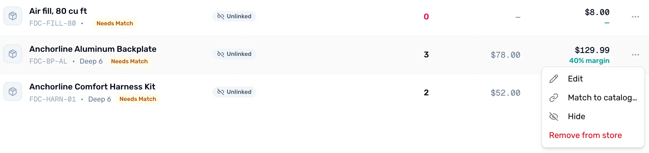 The row menu of a Needs Match product open, showing Edit, Match to catalog, Hide and Remove from store