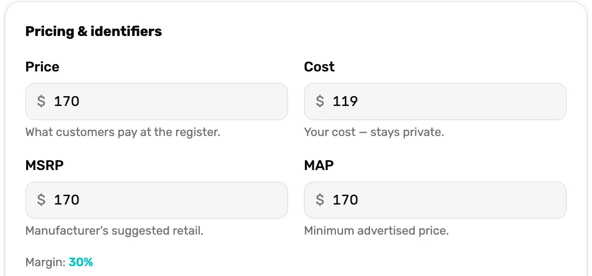 The Pricing and identifiers card on the register's product editor: Price 170, Cost 119, MSRP 170, MAP 170, Margin 30%