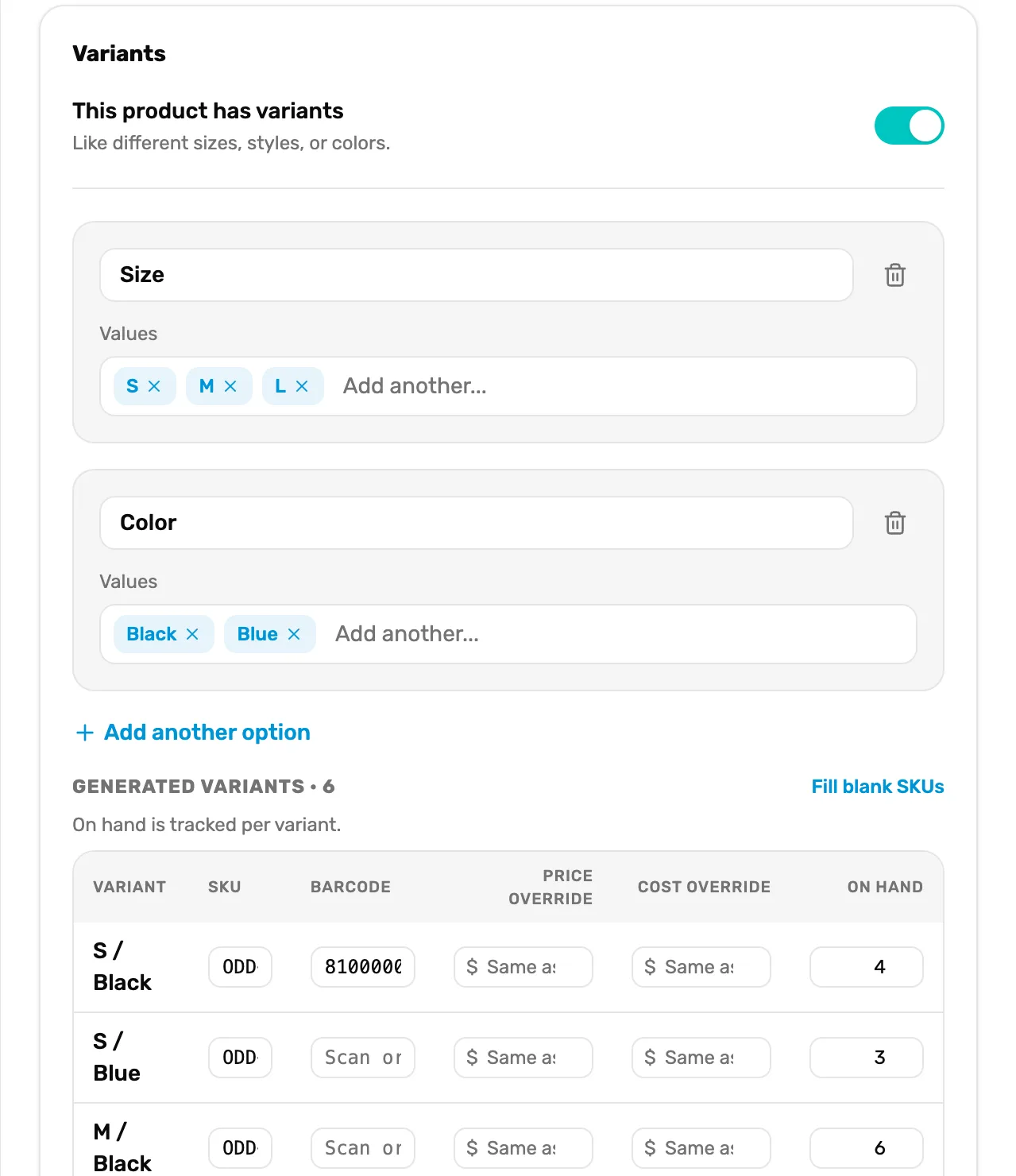 The Variants card on the register's product editor: This product has variants turned on, Size S, M, L and Color Black, Blue, Add another option, and the first generated variants
