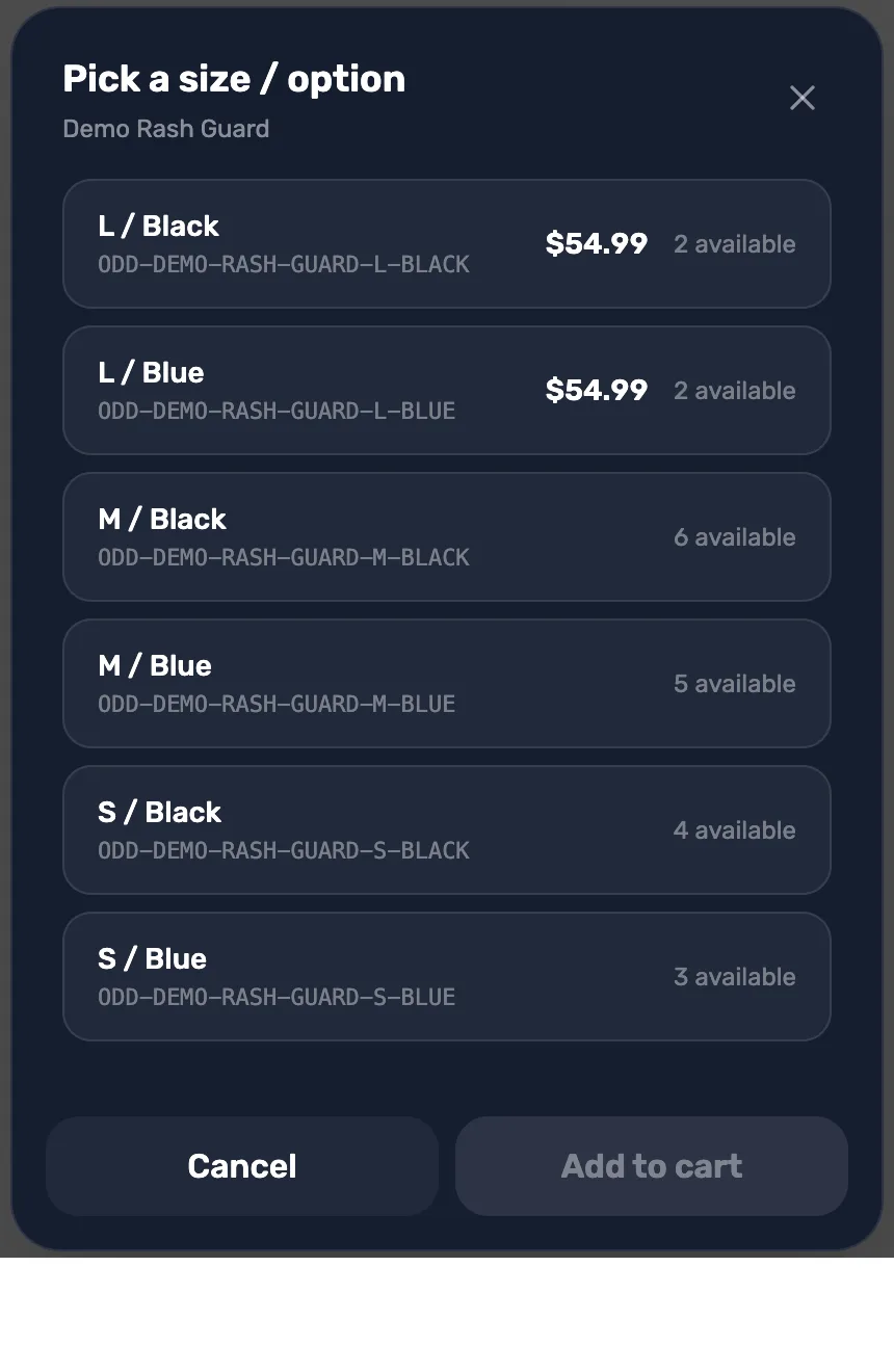 Pick a size / option for Demo Rash Guard: L Black and L Blue at $54.99 with 2 available, M Black 6 available, M Blue 5 available, S Black 4 available, S Blue 3 available, with Cancel and Add to cart