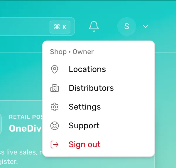 The top right of OneDive B2B with the bell, the round letter S and its arrow, and the account menu open under them: Shop · Owner at the top, then Locations, Distributors, Settings, Support and Sign out in red