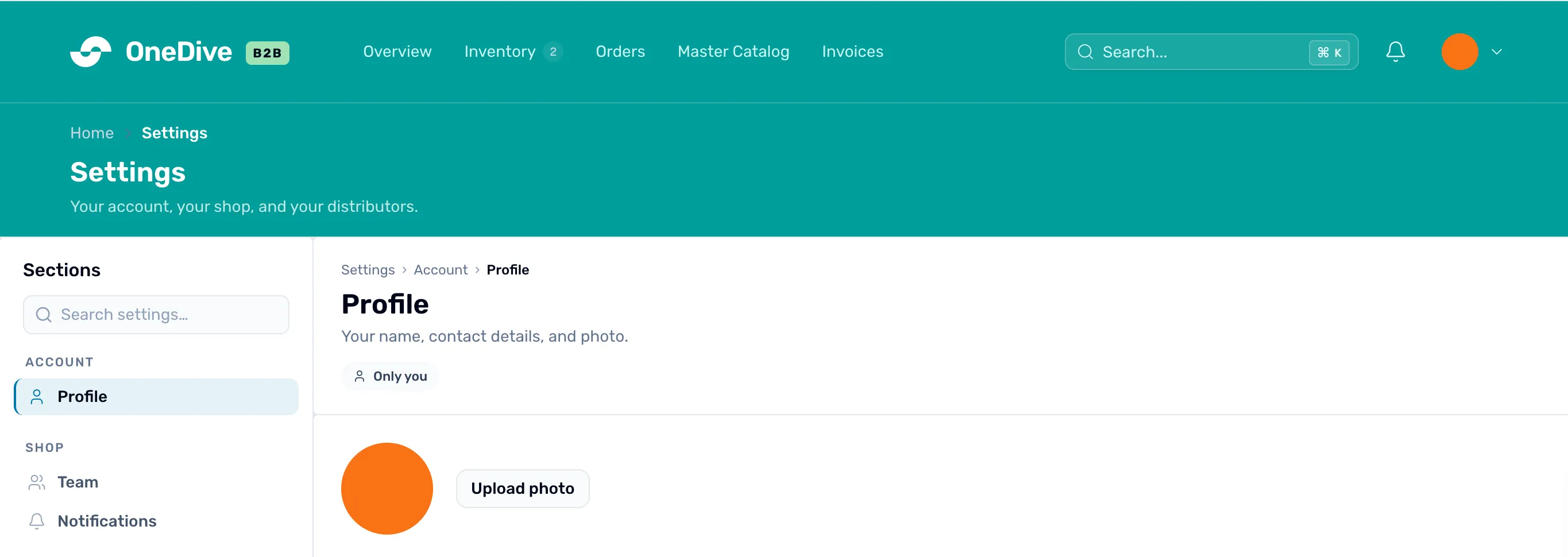 The Profile page after uploading a photo: the round photo where the letter was, Upload photo beside it, and the same photo in the account button at the top right of OneDive B2B, beside the bell