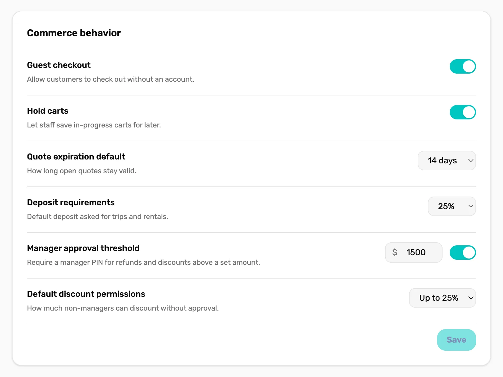 Commerce behavior settings: Guest checkout on, Hold carts on, Quote expiration default 14 days, Deposit requirements 25%, Manager approval threshold $1500, Default discount permissions Up to 25%, and Save