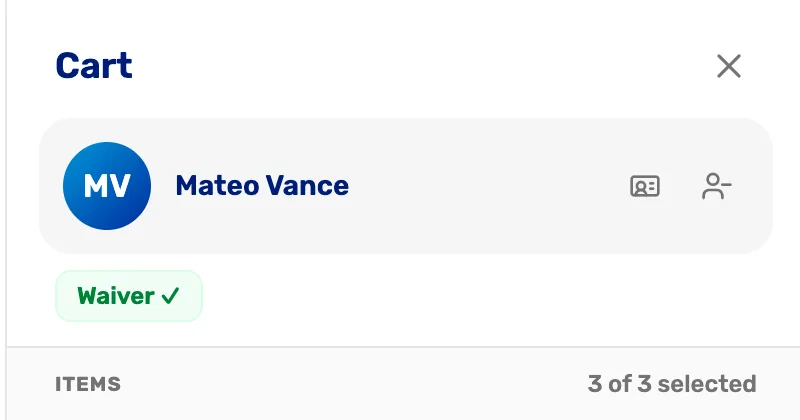 The cart now shows Mateo Vance with Waiver on file, and the items below