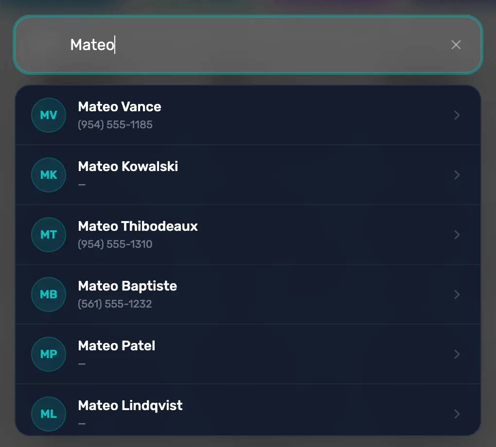 The customer search with Mateo typed and seven customers named Mateo listed with their phone numbers