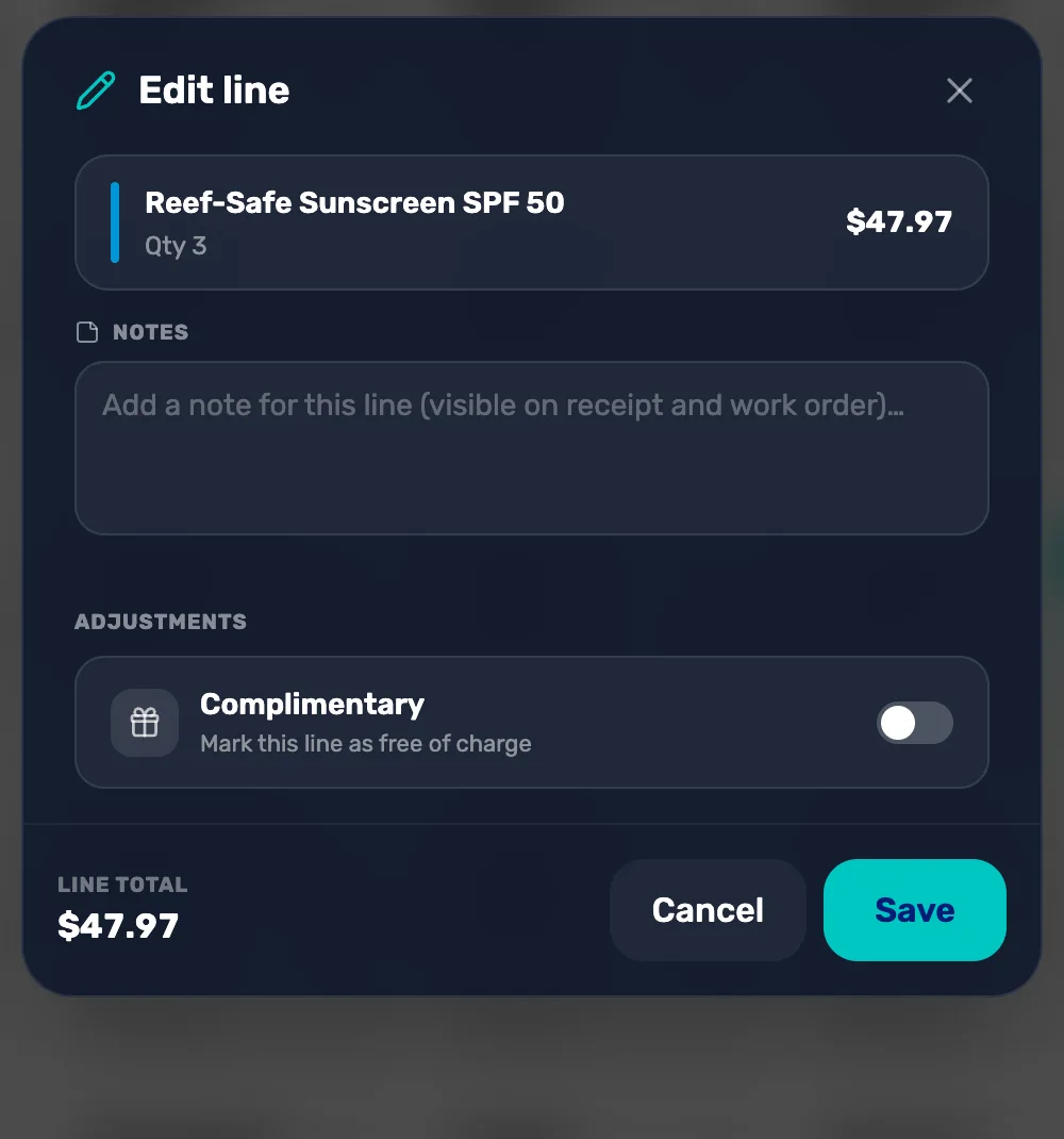 Edit line for Reef-Safe Sunscreen SPF 50, Qty 3, $47.97, with a Notes box, the Complimentary switch, the line total and Save