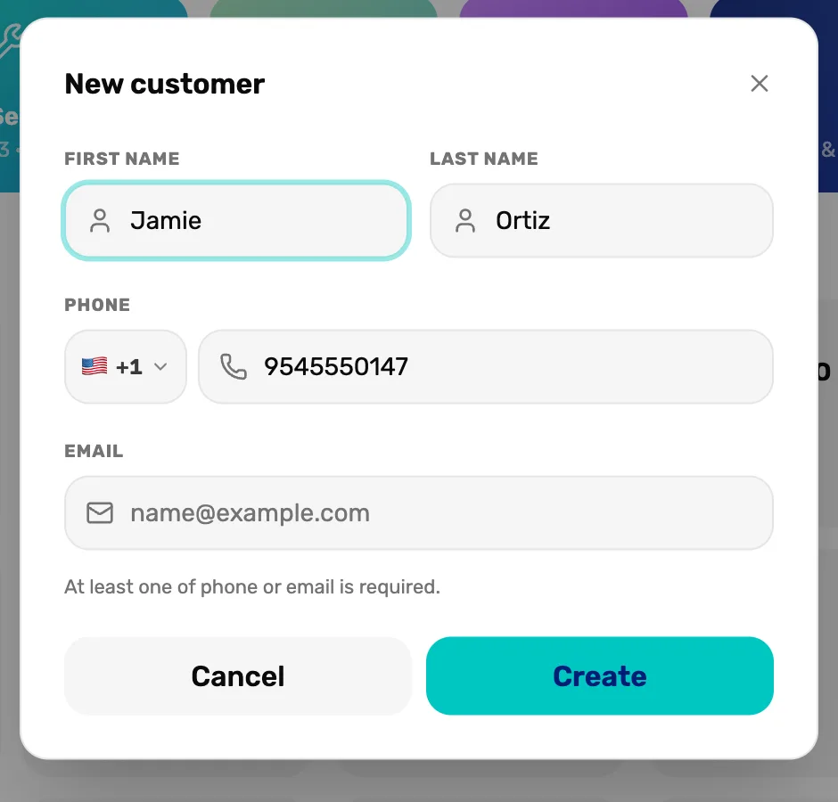 The New customer form with First name Jamie, Last name Ortiz, a phone number, an empty email and Create
