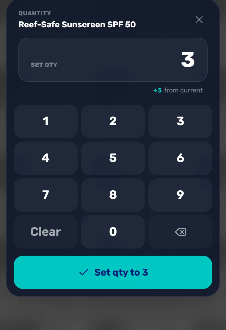 The Quantity keypad for Reef-Safe Sunscreen SPF 50 with 3 typed, plus 3 from current, and Set qty to 3