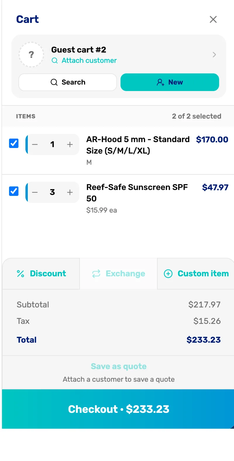 The cart: AR-Hood 5 mm in size M at $170.00, three Reef-Safe Sunscreen SPF 50 at $15.99 each, both ticked, subtotal $217.97, tax $15.26, total $233.23, and Checkout $233.23