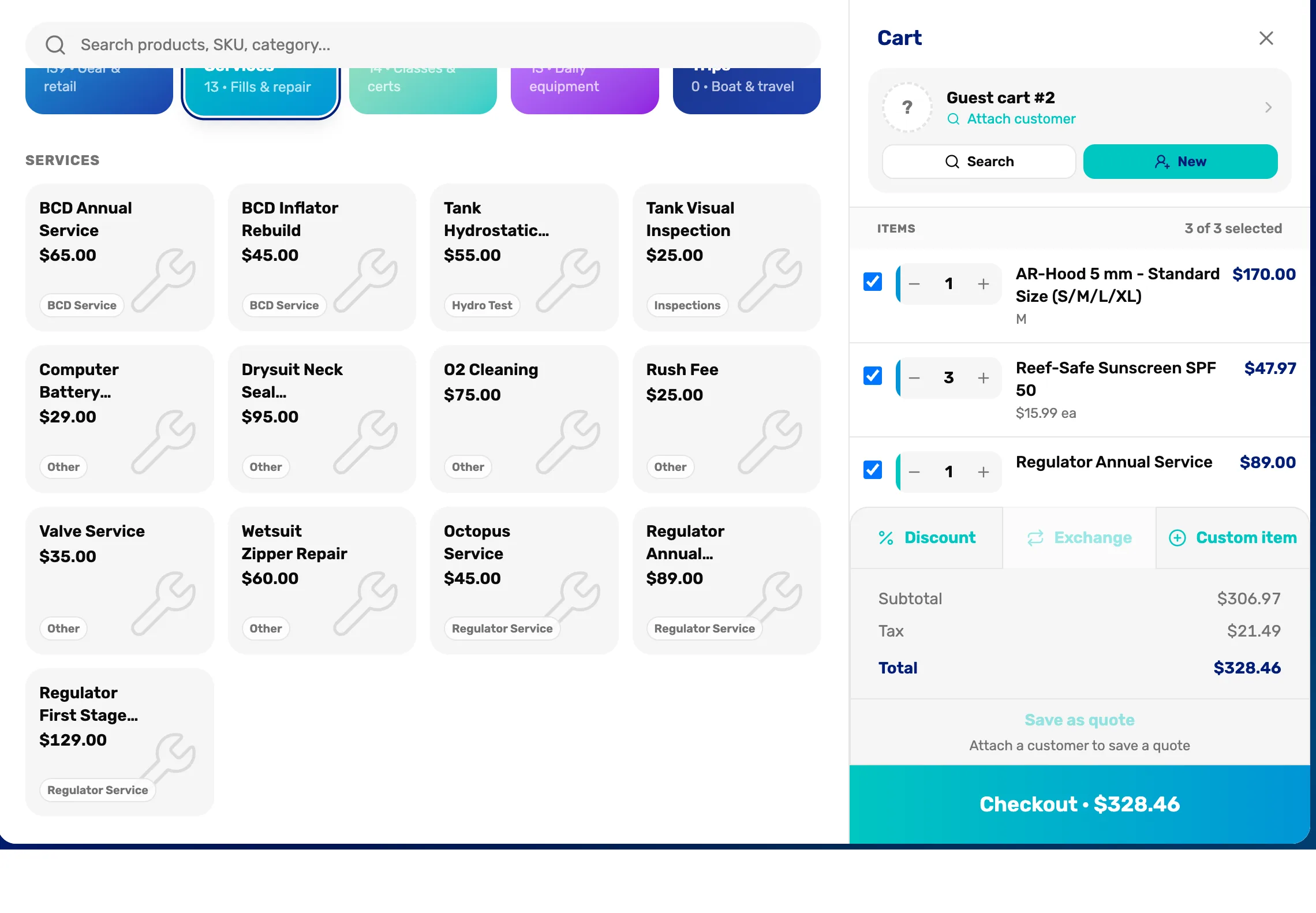The Services tab with 13 services such as BCD Annual Service $65, O2 Cleaning $75 and Regulator Annual Service $89, and the cart with a hood, three sunscreens and Regulator Annual Service $89.00