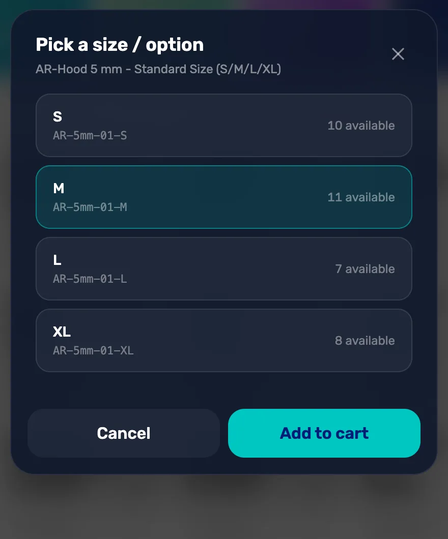 Pick a size / option for AR-Hood 5 mm: S with 10 available, M selected with 11 available, L with 7, XL with 8, and Cancel and Add to cart