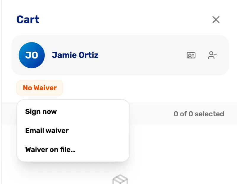 The cart for Jamie Ortiz with No Waiver tapped, showing Sign now, Email waiver and Waiver on file