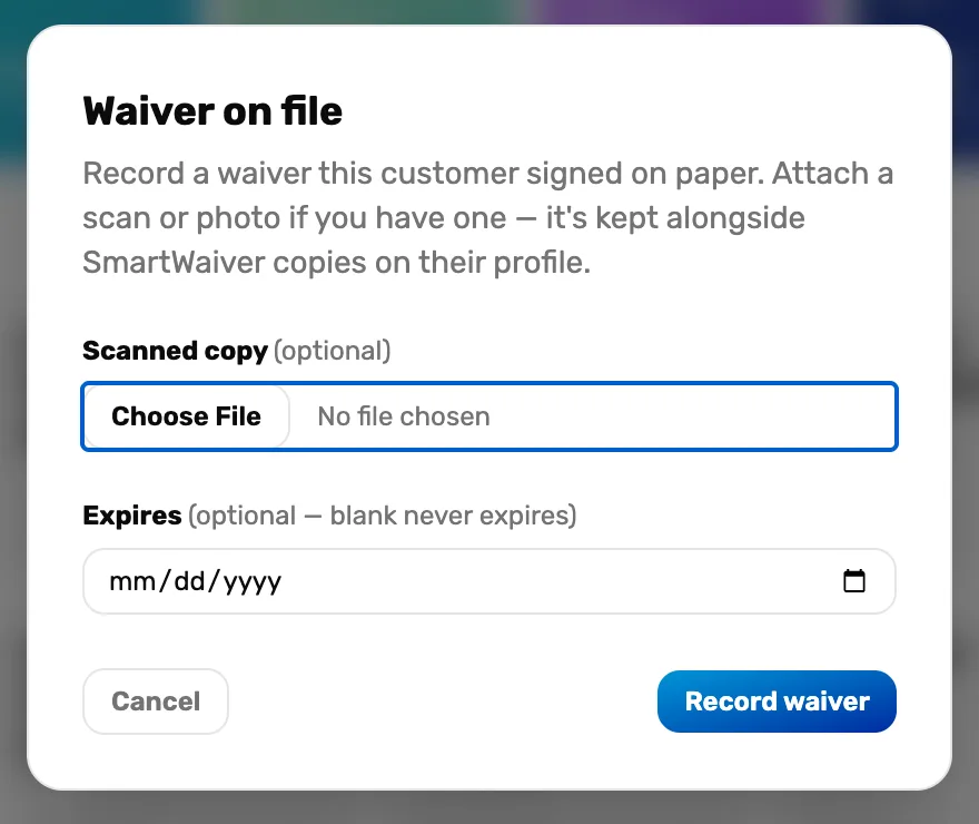 Waiver on file: Scanned copy optional with Choose File, Expires optional with a date box, Cancel and Record waiver
