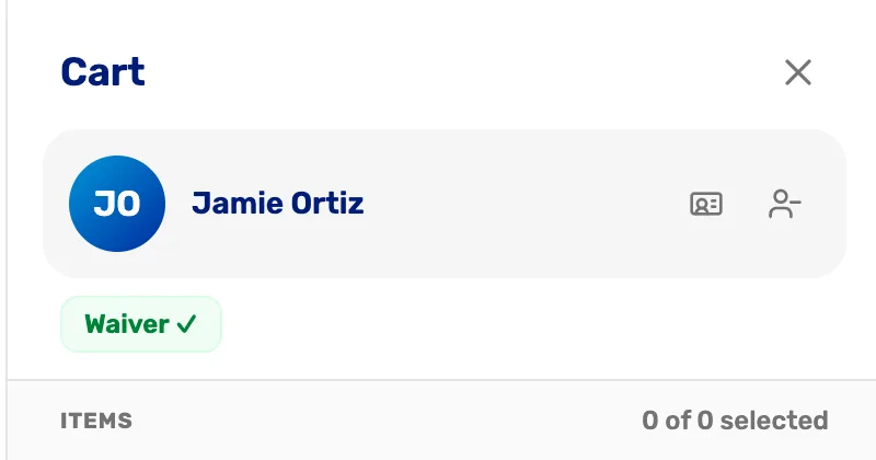 The cart for Jamie Ortiz now showing a green Waiver tick