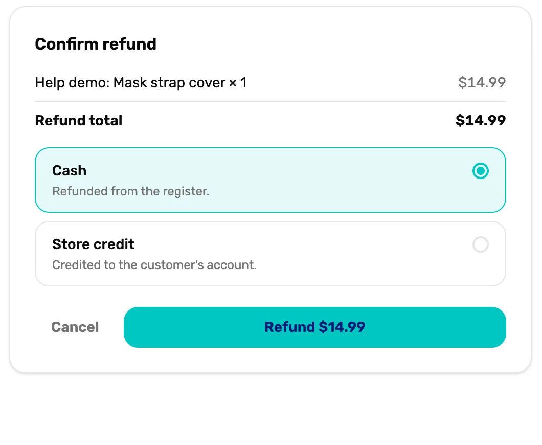 Confirm refund: Mask strap cover times 1 at $14.99, Refund total $14.99, Cash picked with Refunded from the register, Store credit with Credited to the customer's account, then Cancel and Refund $14.99