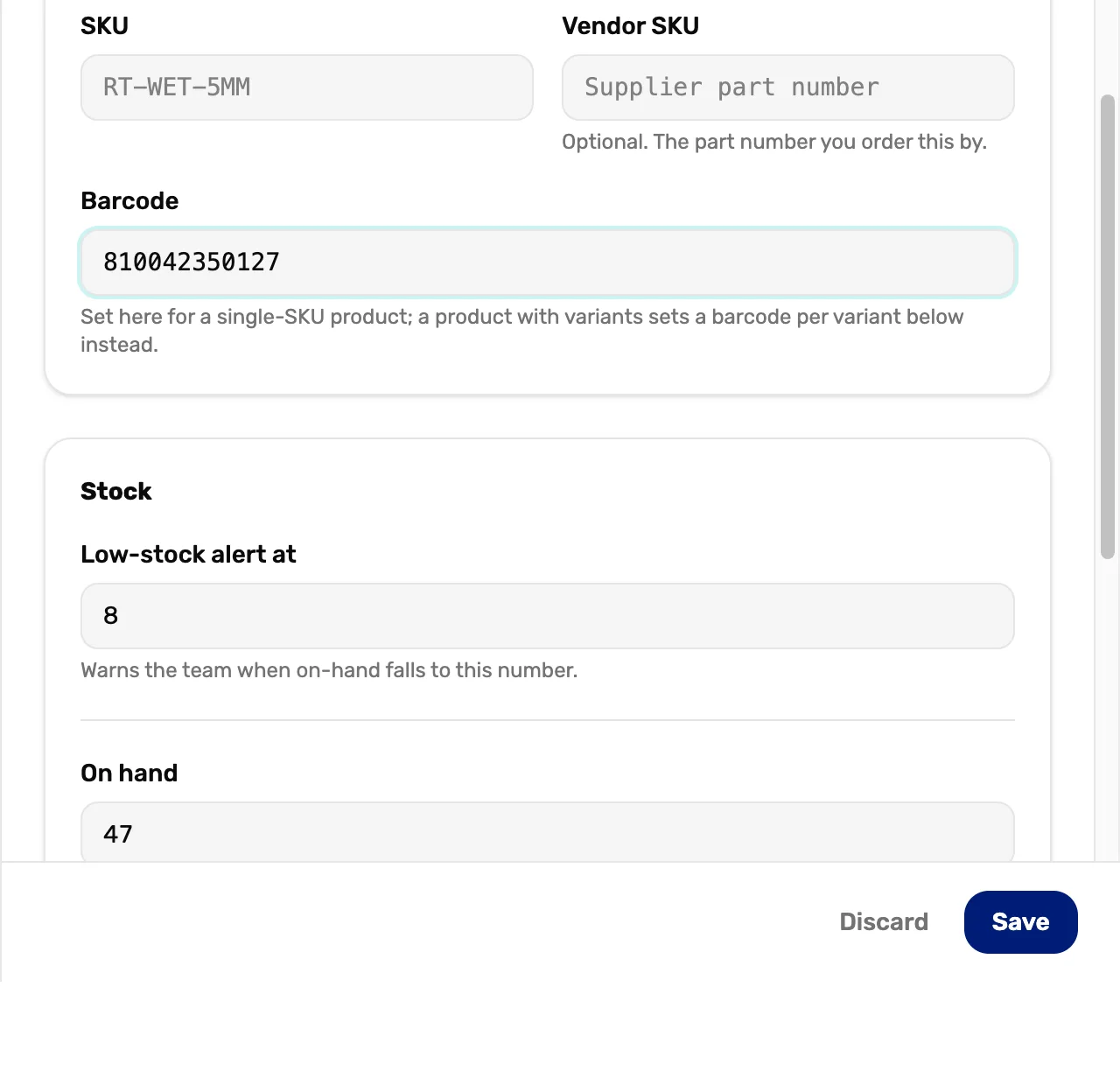 Editing Mask Defog 2 oz in Catalog: the Barcode box holds 810042350127, with Discard and Save at the bottom