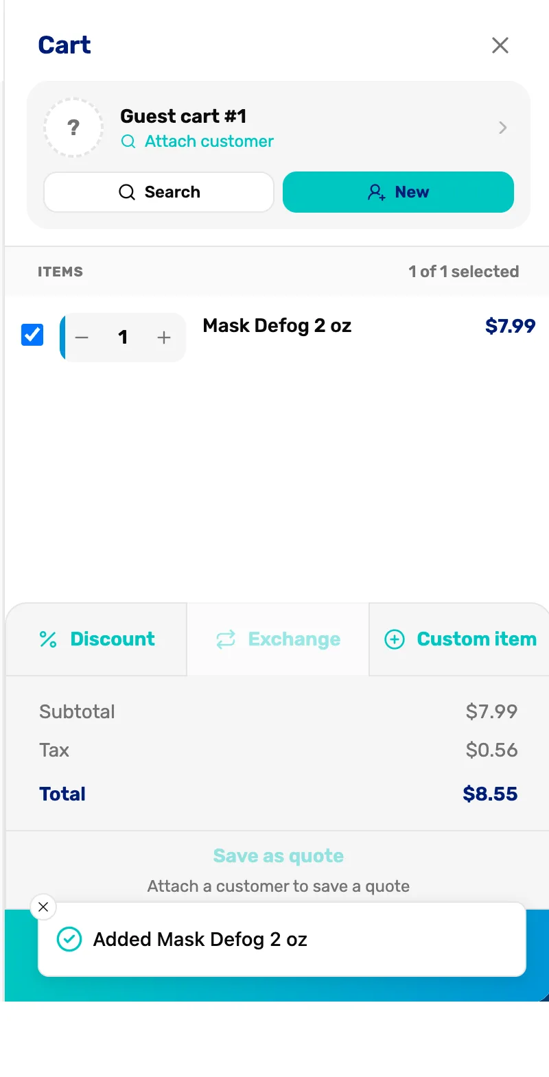 The cart after a scan: Guest cart #1 with Mask Defog 2 oz at $7.99, and a message at the bottom that reads Added Mask Defog 2 oz