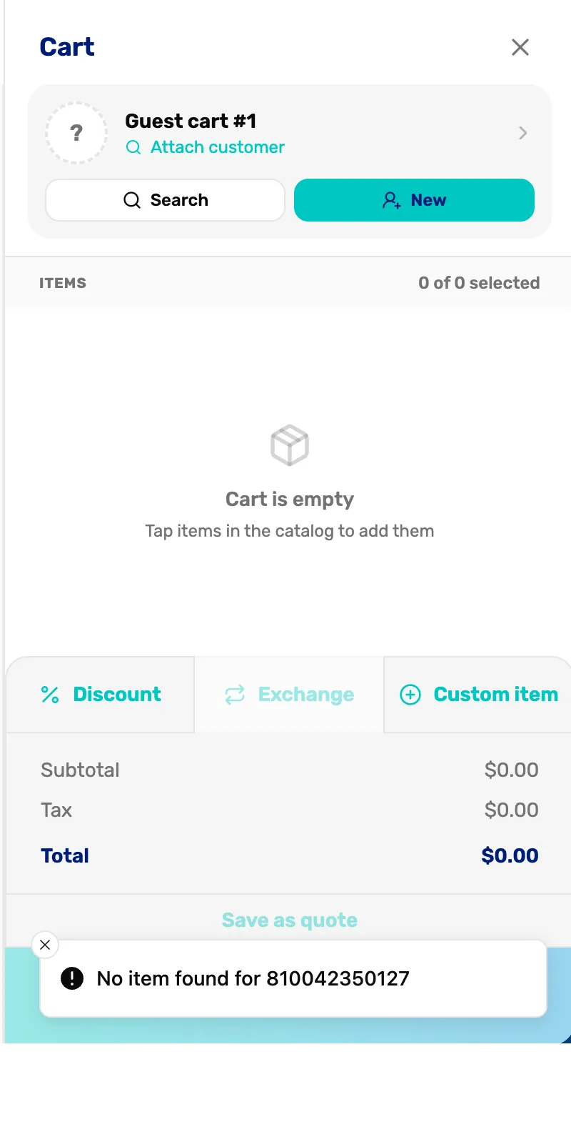 The empty cart for Guest cart #1 with a message at the bottom that reads No item found for 810042350127
