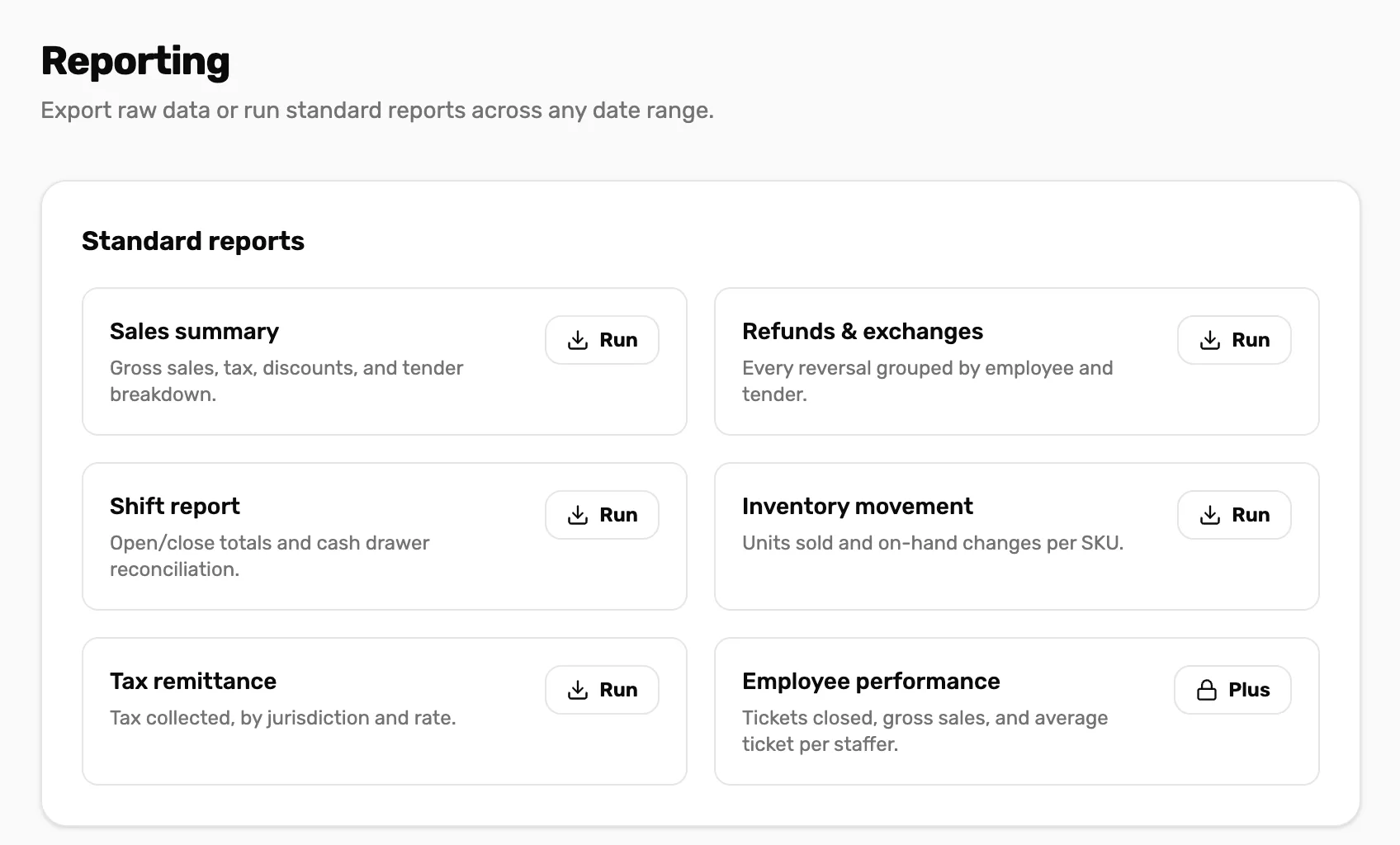 Settings, Reporting: the Standard reports card with six tiles, Sales summary, Refunds and exchanges, Shift report, Inventory movement, Tax remittance and Employee performance, each with a Run button, and Employee performance showing a Plus lock