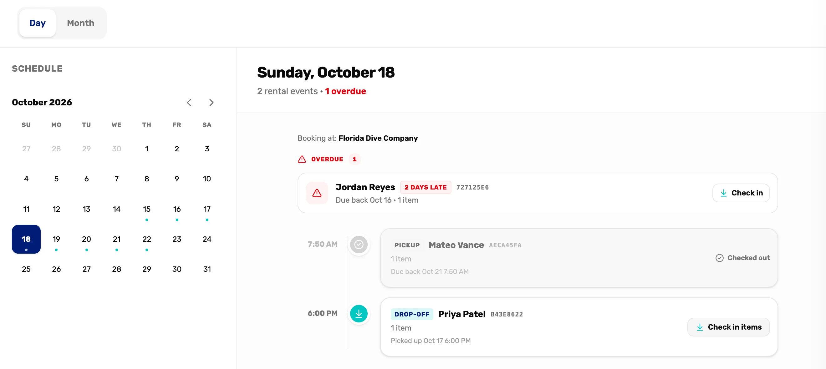 The Calendar on Sunday, October 18 with Day picked and the month on the left: 2 rental events and 1 overdue, an Overdue band with Jordan Reyes 2 days late, due back Oct 16, with Check in, then a 7:50 AM Pickup for Mateo Vance marked Checked out and a 6:00 PM Drop-off for Priya Patel with Check in items