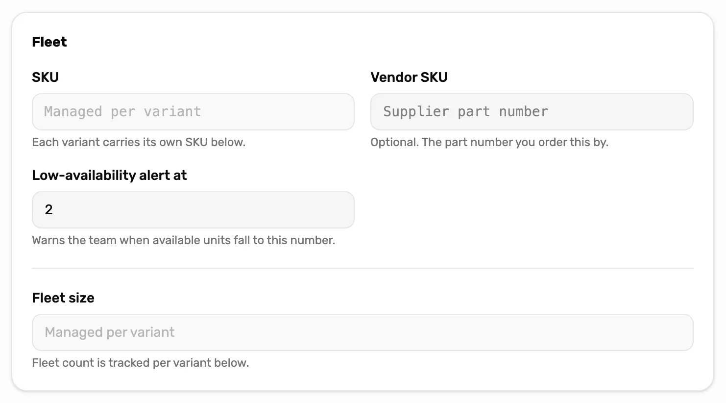 The Fleet card with sizes on: SKU reads Managed per variant, Vendor SKU is blank, Low-availability alert at 2, and Fleet size reads Managed per variant with Fleet count is tracked per variant below