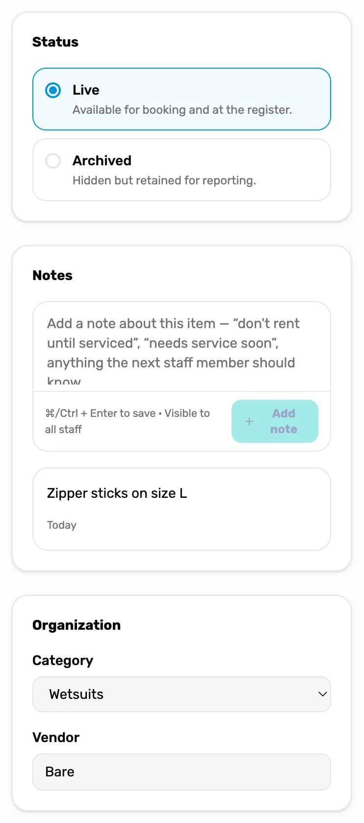 The right side of a saved item: Status with Live picked over Archived, a Notes card with the note Zipper sticks on size L, and Organization with Category Wetsuits and Vendor Bare