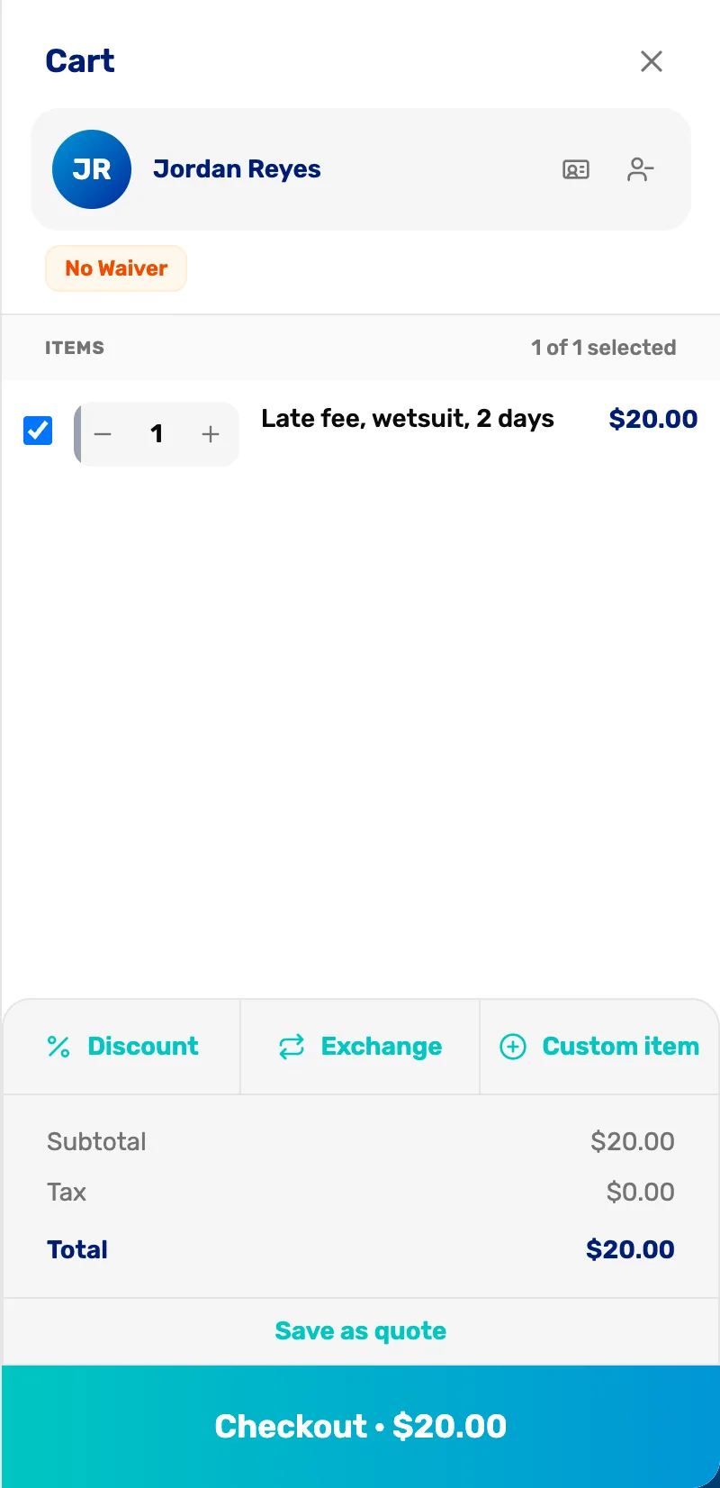 Jordan Reyes's cart with one custom item, Late fee, wetsuit, 2 days, at $20.00, a total of $20.00 and Checkout · $20.00
