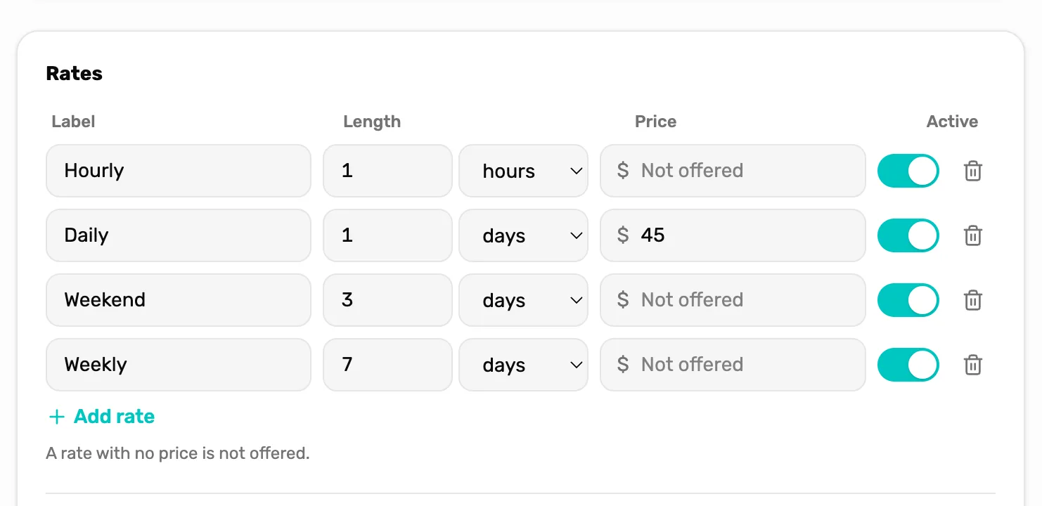 The Rates card of Dive computer: Hourly, Weekend and Weekly read Not offered, Daily has 45 typed in, and every Active switch is on
