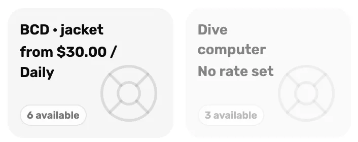 Two rental tiles at the register: BCD · jacket from $30.00 / Daily with 6 available, and a grey Dive computer tile that reads No rate set with 3 available