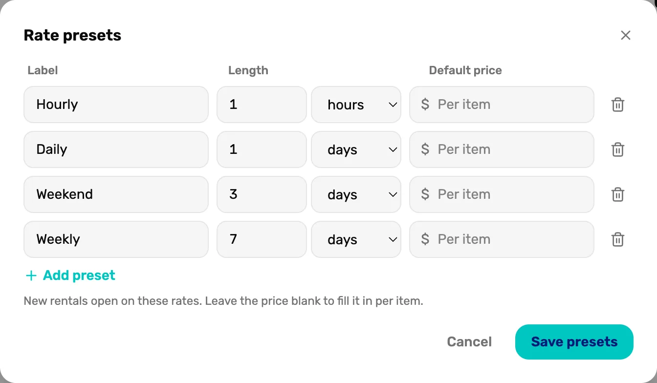 The Rate presets window: Label, Length and Default price over four rows, Hourly 1 hours, Daily 1 days, Weekend 3 days and Weekly 7 days, each price reading Per item, then Add preset, New rentals open on these rates, Cancel and Save presets