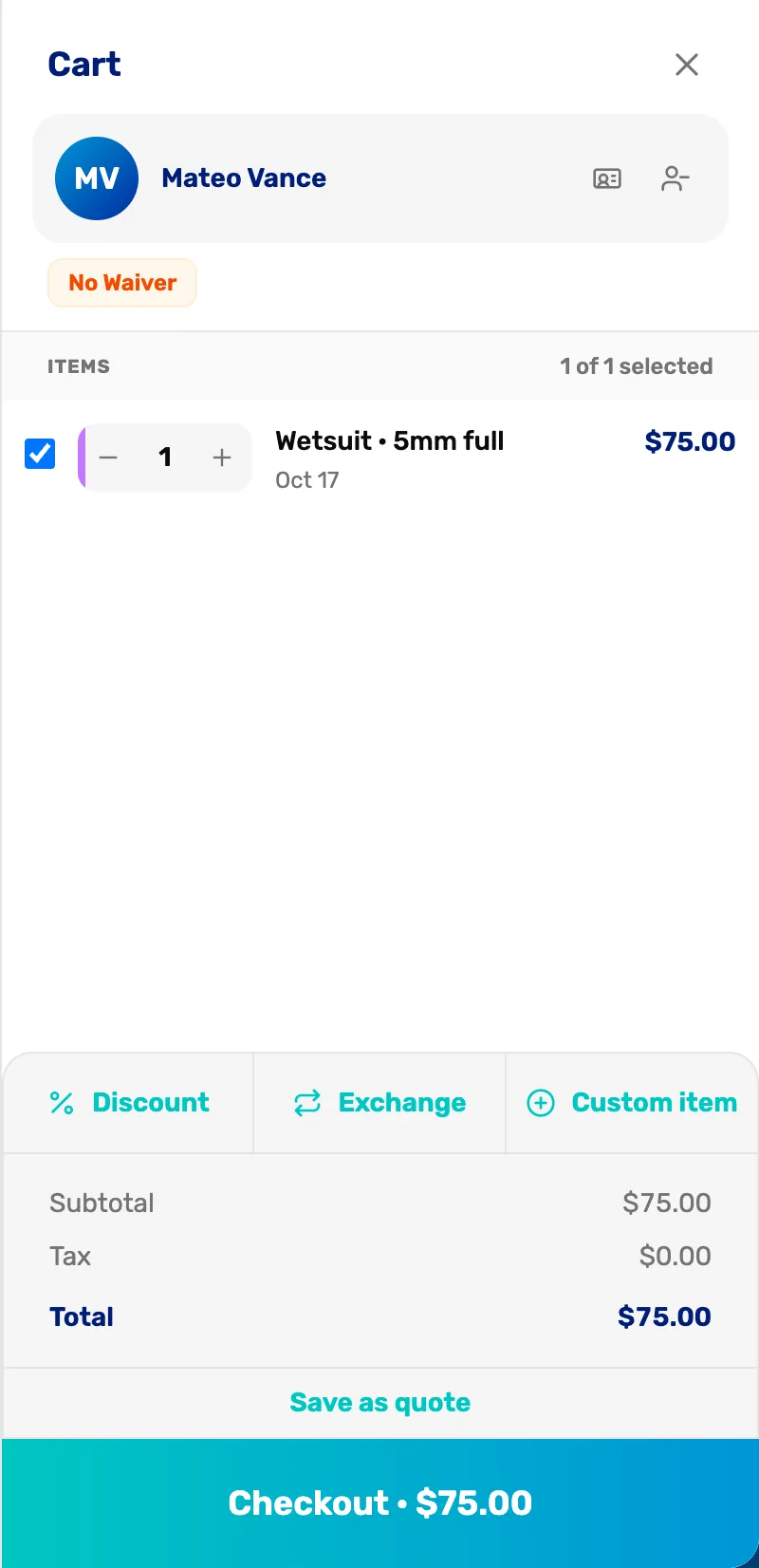Mateo Vance's cart with Wetsuit · 5mm full at $75.00 and Oct 17 under its name, Subtotal $75.00, Tax $0.00, Total $75.00 and Checkout · $75.00