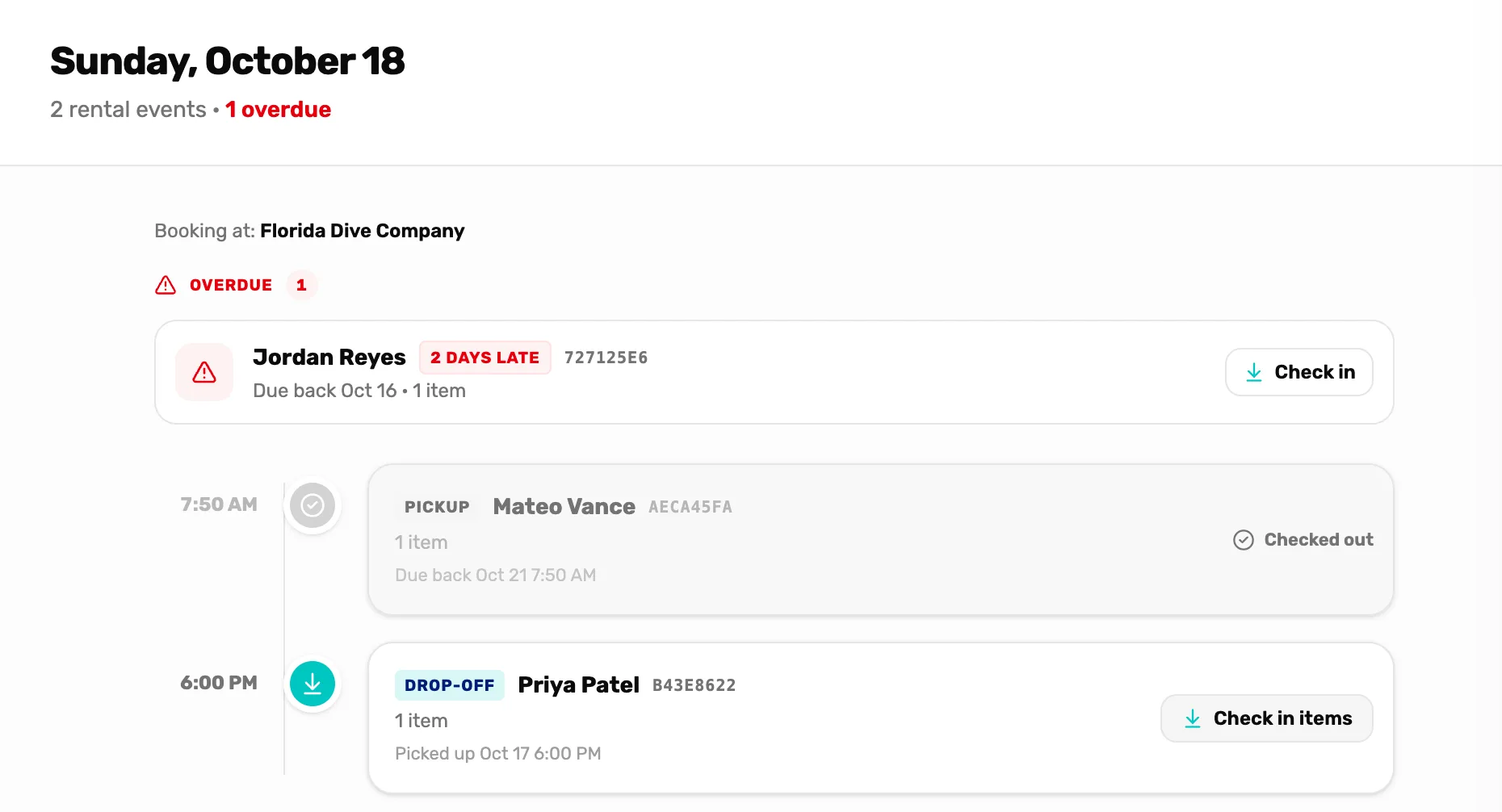 The Calendar on Sunday, October 18, 2 rental events and 1 overdue: Overdue with Jordan Reyes 2 days late, due back Oct 16, and Check in; a 7:50 AM Pickup for Mateo Vance marked Checked out; and a 6:00 PM Drop-off for Priya Patel, picked up Oct 17 6:00 PM, with Check in items