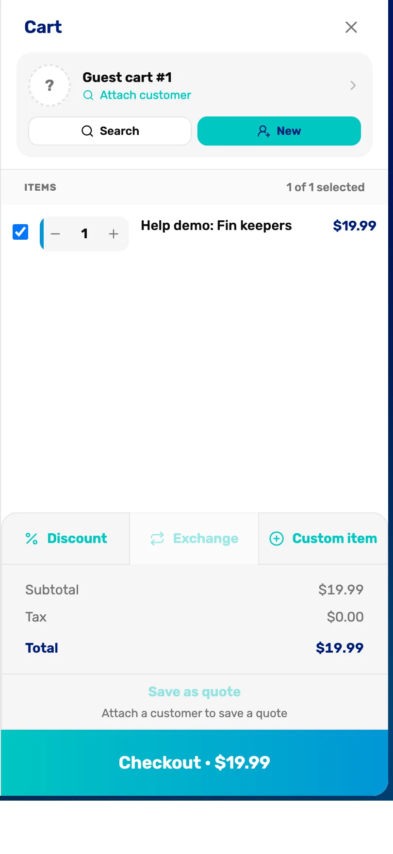 The cart for Guest cart #1 with Help demo: Fin keepers at $19.99, and the Discount, Exchange and Custom item buttons under the items