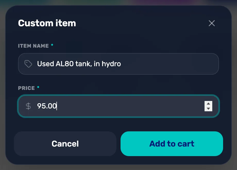 The Custom item window: Item name Used AL80 tank, in hydro, Price 95.00, and the Cancel and Add to cart buttons