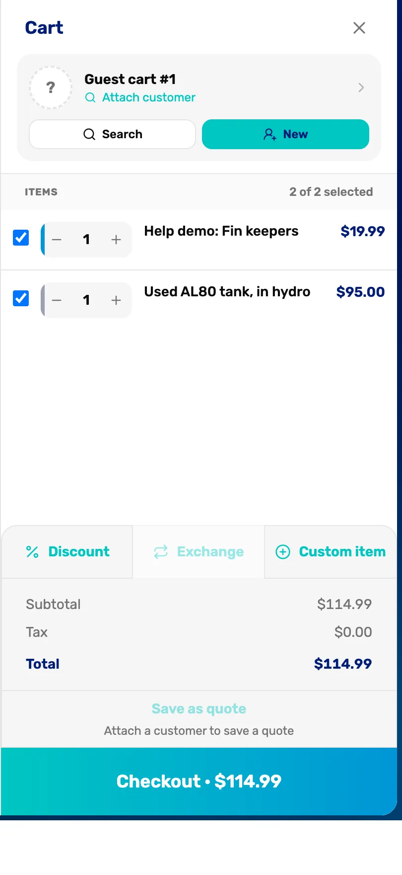 The cart with two lines: Help demo: Fin keepers at $19.99 and Used AL80 tank, in hydro at $95.00, both ticked, subtotal $114.99, and Checkout $114.99