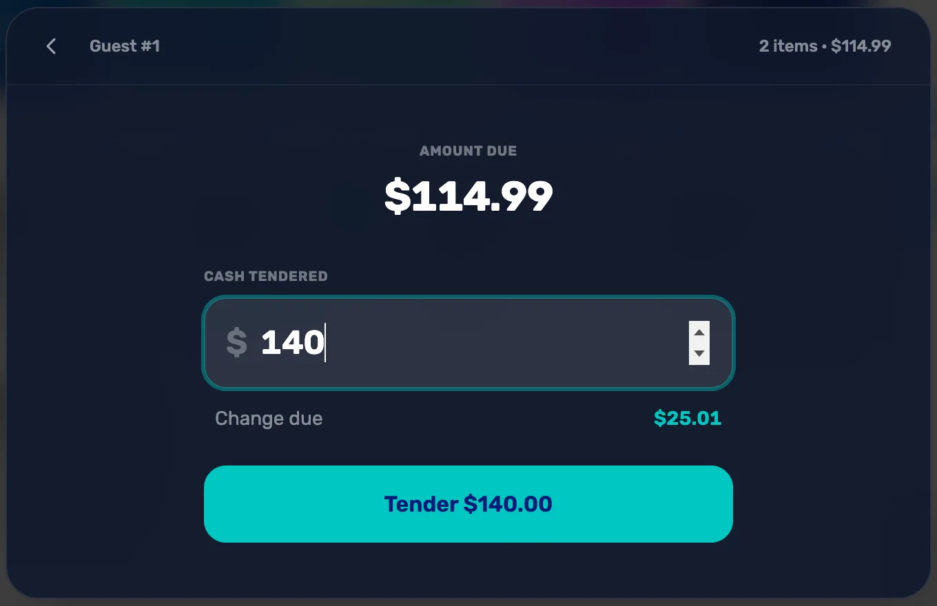 Cash with Custom: Amount due $114.99, Cash tendered 140, Change due $25.01, and Tender $140.00