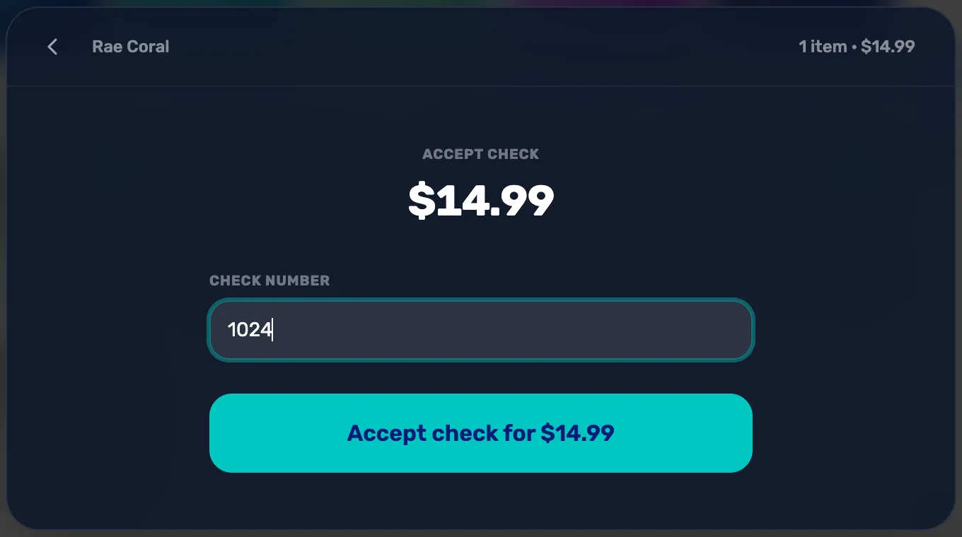 Accept check: $14.99 for Rae Coral, Check number 1024, and Accept check for $14.99