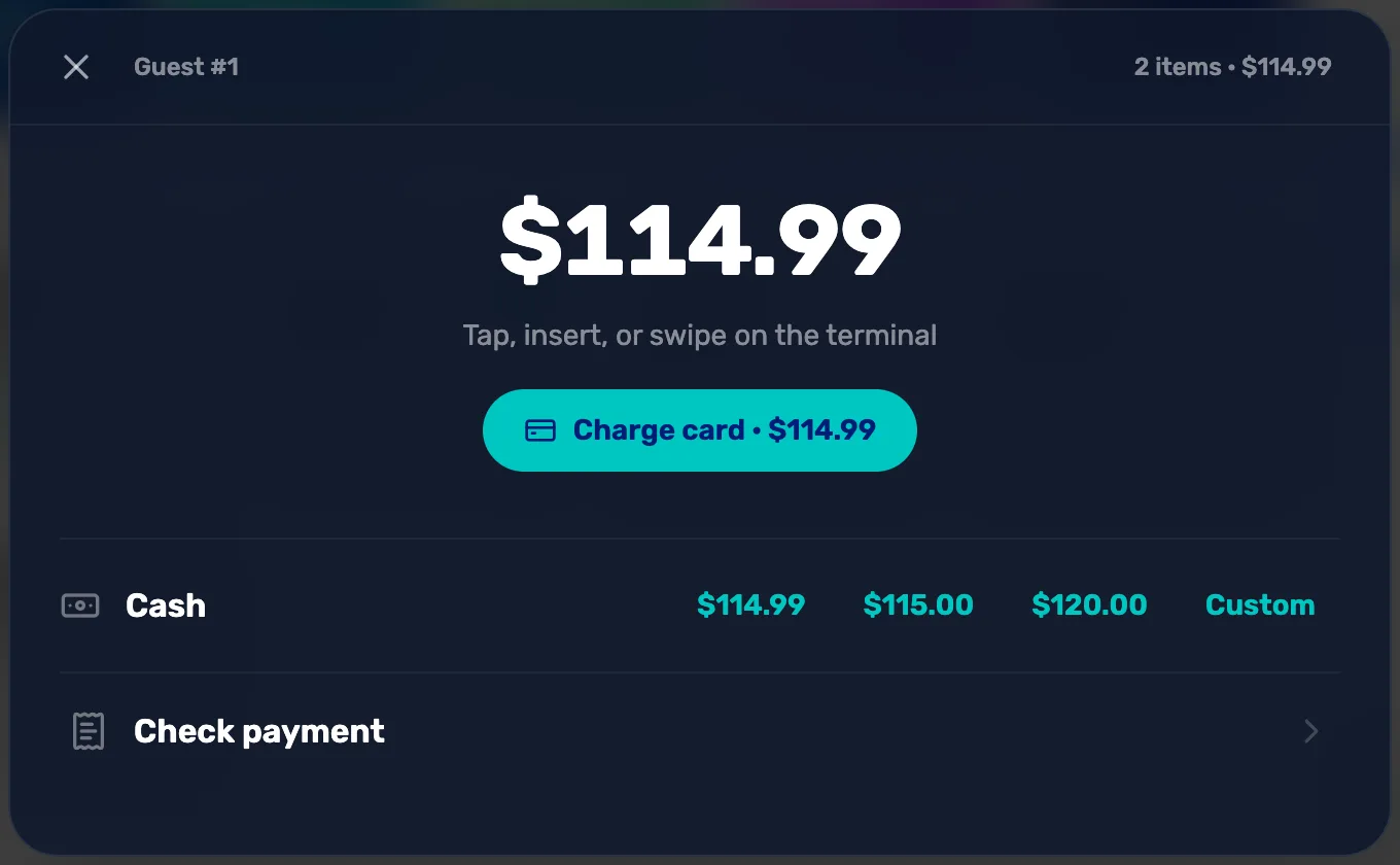 The checkout window for Guest #1: $114.99, Tap, insert, or swipe on the terminal, Charge card $114.99, Cash with $114.99, $115.00, $120.00 and Custom, and Check payment